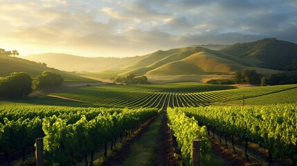 , tranquil vineyard in the early morning light, with rows of grapevines stretching into the...