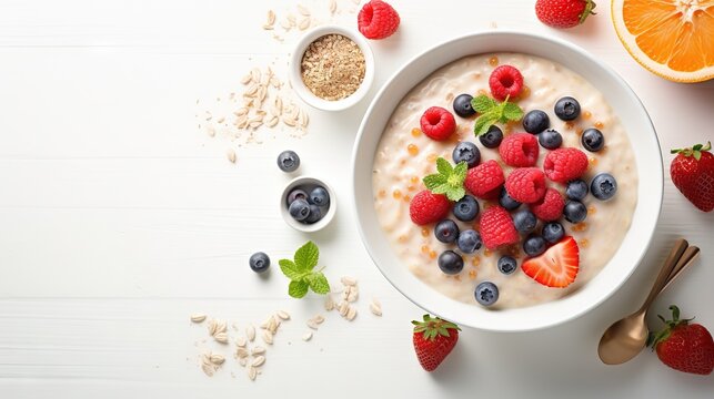  a bowl of oatmeal topped with berries and strawberries.  generative ai