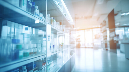 Blurred background of a pharmacy store. Pharmacist and medicine concept.