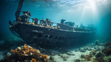 Fototapeta premium Shipwreck on the ocean floor. Underwater scenery. Tropical coral reefs.