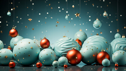 Christmas and New Year holidays background with golden and blue balls, and baubles. Blue background. 3d rendering. Generative AI technology.