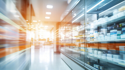 Blurred background of a pharmacy store. Pharmacist and medicine concept.