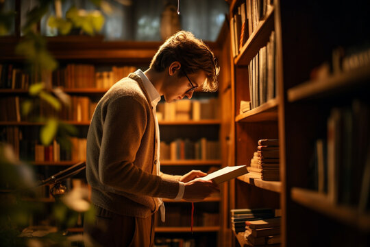 Young librarian searching books and picking one book from library bookshelf,