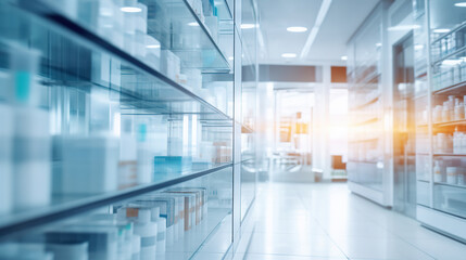 Fototapeta premium Blurred background of a pharmacy store. Pharmacist and medicine concept.