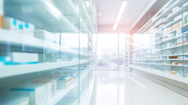Blurred background of a pharmacy store. Pharmacist and medicine concept.
