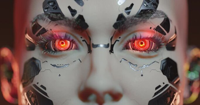 Female Bot awakening as Artificial intelligence technology concept, cyberpunk robot girl with hexagonal skin and electronic eyes
