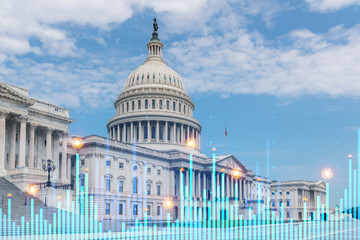 Naklejka premium Skyscrapers Cityscape Downtown View, Washington Skyline Buildings. Beautiful Real Estate. Day time. Forex Financial graph and chart hologram. Business education concept.