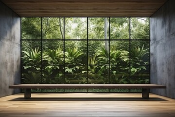 mockup of Empty room with large window to see wooden courtyard and green tropical tree wall background 3d render illustration. generative ai.