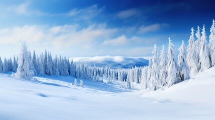 Obraz premium A panoramic view of the covered with frost trees in the snowdrifts. Magical winter forest. Natural landscape with beautiful sky