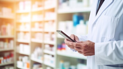 Happy young male pharmacist working in the pharmacy, holding a box of medications and using a tablet. Healthcare and medicine concept.