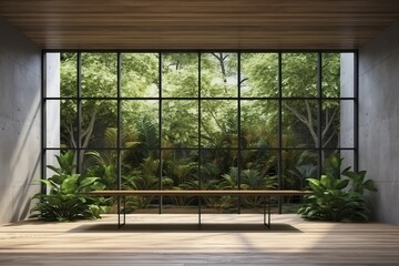 mockup of Empty room with large window to see wooden courtyard and green tropical tree wall background 3d render illustration. generative ai.