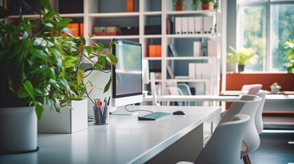 Coworking company empty space. Abstract blurred business background.
