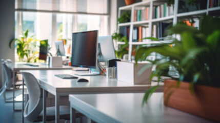 Coworking company empty space. Abstract blurred business background.