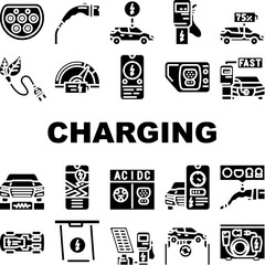 electric car charging icons set vector. station energy, vehicle auto, battery green, recharge power, hybrid, transport electric car charging glyph pictogram Illustrations