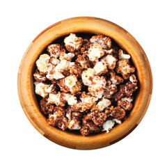 Ready caramel popcorn in a wooden bowl on a transparent background. View from above. PNG.