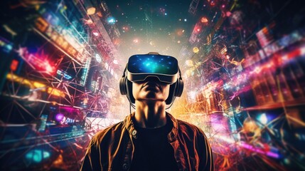 Close-up photo of a user in virtual reality glasses immersed in a blurred mix of the real and virtual worlds