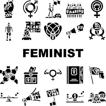 feminist female women icons set vector. activist woman, feminism strong, movement protest, fist power, girl, hand feminist female women glyph pictogram Illustrations