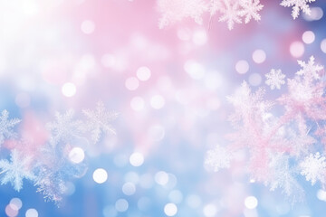 Fototapeta na wymiar a blurry photo of snow flakes on a blue and pink background. generative ai