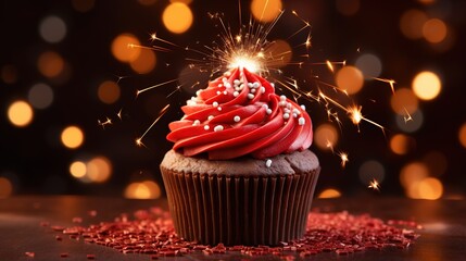  a cupcake with red frosting and a sparkler on top.  generative ai - obrazy, fototapety, plakaty