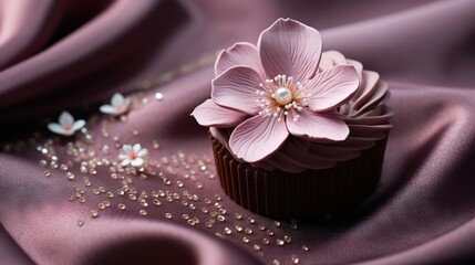 Obraz na płótnie Canvas a chocolate cupcake with a flower on top of it. generative ai
