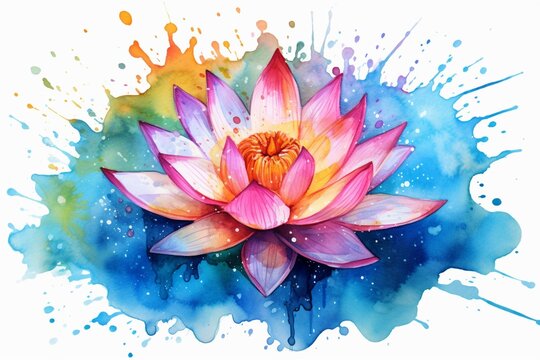 Vibrant watercolor lotus flower with splashes. Generative AI