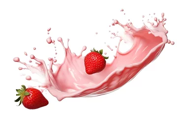 Fototapeten milk or yogurt splash with strawberries isolated on white background © Naturalis