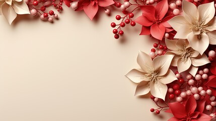  a white and red background with poinsettis and berries.  generative ai