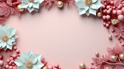 Fototapeta na wymiar a pink and white christmas background with poinsettis. generative ai