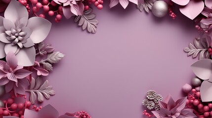  a purple background with pink flowers and silver ornaments on it.  generative ai
