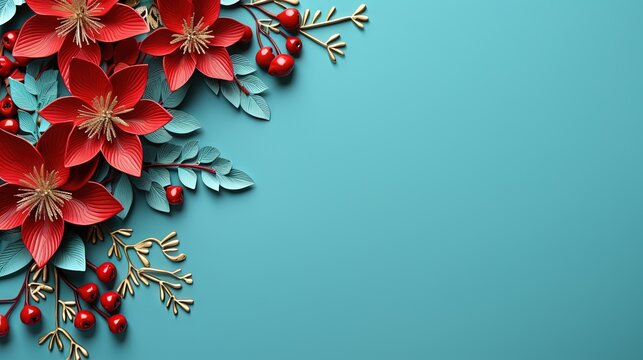  a blue background with red flowers and green leaves on it.  generative ai