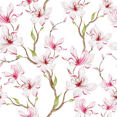 Fototapeta na wymiar Watercolor seamless pattern with pink magnolia flowers and leaves.
