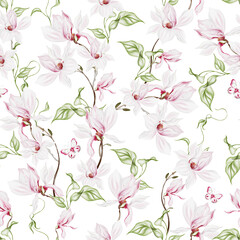 Watercolor seamless pattern with  pink magnolia flowers and leaves.
