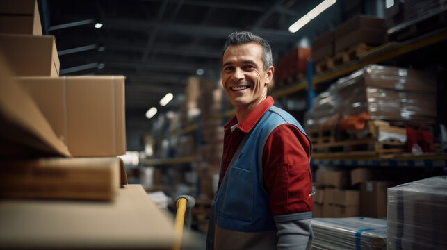 Confident friendly man working in a warehouse in a building materials hypermarket