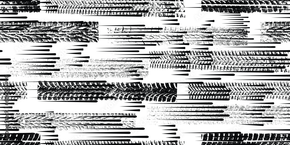 Poster Tire track seamless pattern. Grange tread marks Textured vector car tread and fast lines . Trails endless pattern with speed lines. Tyre track seamless texture . Wheel tire tread track background
