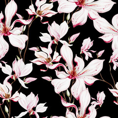 Watercolor seamless pattern with  pink magnolia flowers and leaves.