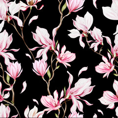 Watercolor seamless pattern with  pink magnolia flowers and leaves. - 666555960