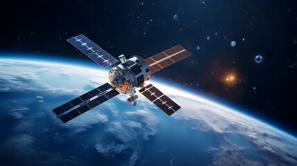 illustration with an artificial satellite in orbit around the earth