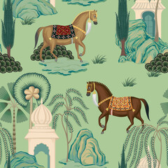 Horses, palm trees and architecture seamless pattern.  Oriental vintage wallpaper.