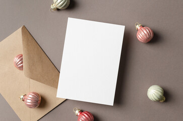 Blank Christmas greeting card mockup with envelope