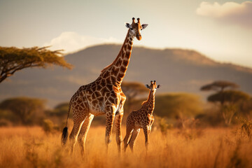 Giraf mom with baby wildlife animal in africa with savanna background - obrazy, fototapety, plakaty