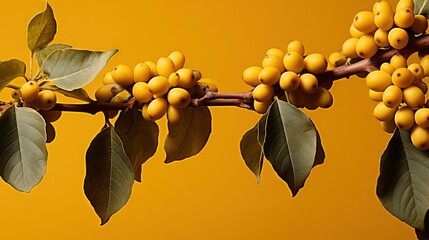  a branch with yellow berries on it against a yellow background.  generative ai