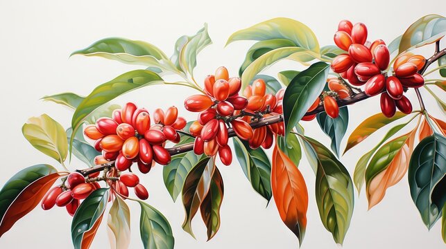  a painting of red berries on a tree branch with green leaves.  generative ai