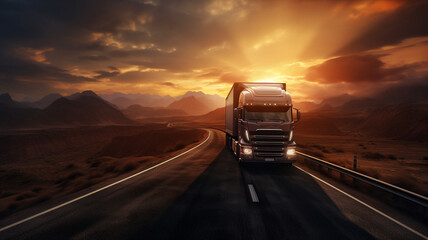 Top view of logistic transport truck with sun rising background.