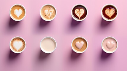  a group of coffee cups filled with different types of heart shapes.  generative ai