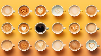  a bunch of cups of coffee with hearts on the cups.  generative ai