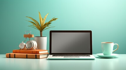  a laptop computer sitting on top of a desk next to a cup of coffee.  generative ai