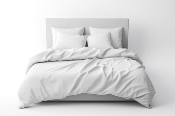 Blank White Bed Mockup, Isolated With Pillows And Blankets