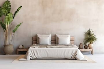 Bohostyle Bedroom With Beige Kingsize Bed And Tropical Plant