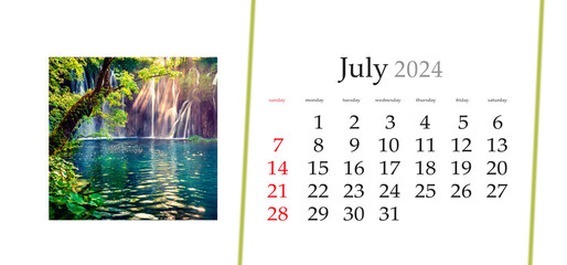 Set of horizontal flip calendars with amazing landscapes in minimal style. July 2024. Last sunlight...