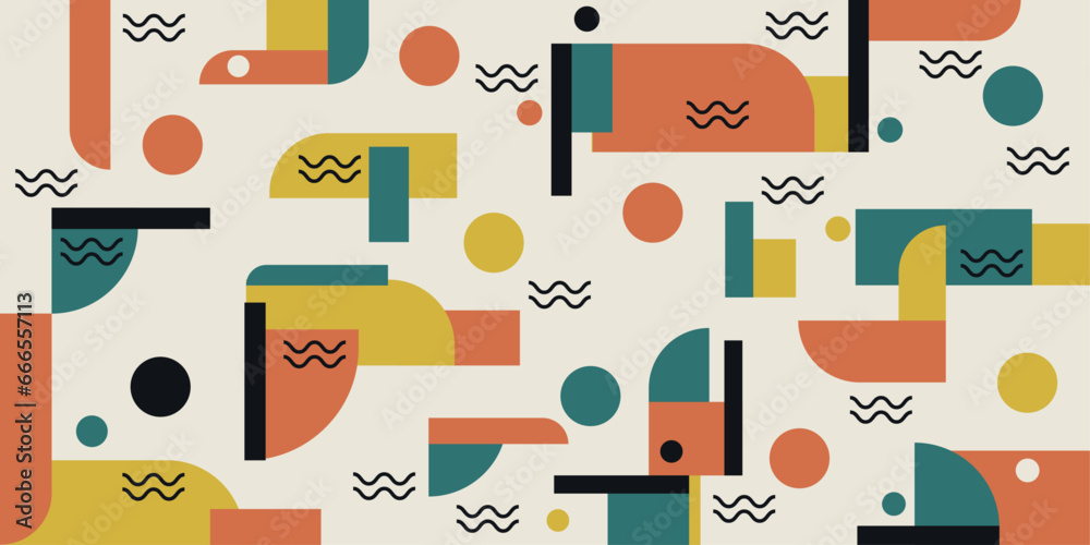 Poster Geometric and abstract pattern of rectangles, circles. Art pattern of geometry and abstraction. For print and seamless surfaces, packaging, textiles, notebooks, cups, pillows.